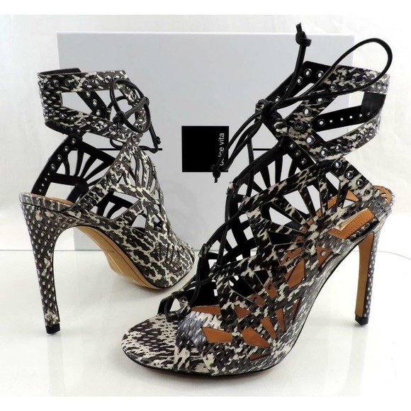 Dolce Vita Helena Lace Up Cutout Heel Sandal Black /White Snake Leather Size 7.5 - Picture 4 of 8